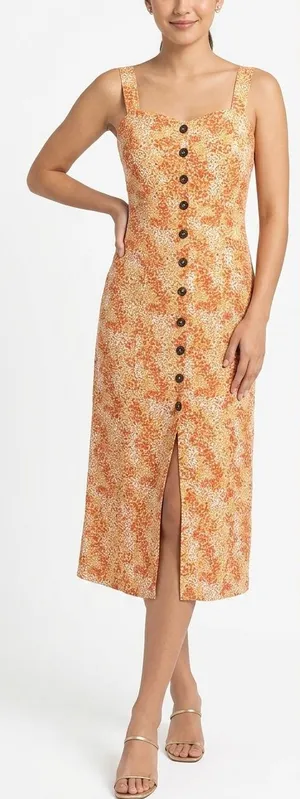 Japna Orange Floral Button-Front Midi Dress thumbnail 1