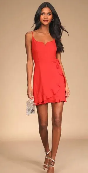 NEW Lulus Sunny Oasis Mini Dress XL Coral Red Ruffled Faux-Wrap Sleeveless thumbnail 1