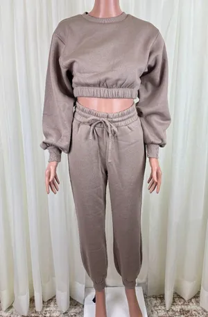Zenana 2 Pcs Crop Sweatshirt Tracksuit Jogger Pants Set Outfit Active Loungewear Beige Size L thumbnail 2