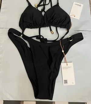 New Quince Italian High-Leg Ring Bikini Bottom Triangle Bikini Top Black Small thumbnail 1