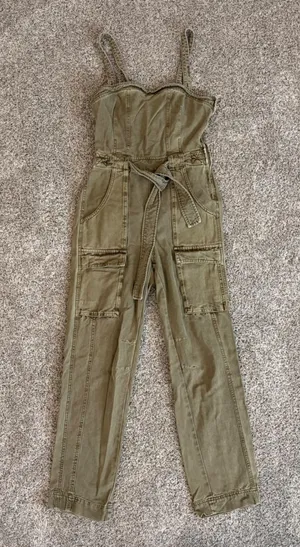 Free People Olive Green Utility Cargo Jumpsuit Cutout Back XS thumbnail 1