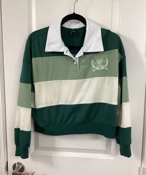 Cider Green Panel Colorblock Embroidered Long Sleeve Rugby Polo Sweatshirt thumbnail 1