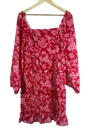 Sim & Sam Floral Paisley Smocked Mini Dress Red Pink Boho Balloon Sleeve Size XL thumbnail 1