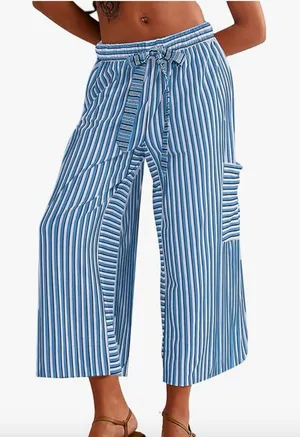 NEW Blue Striped Wide Leg Pants Loose Fit Palazzo Pants L thumbnail 1