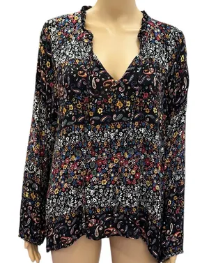 Everleigh Floral Paisley Peasant Blouse Long Sleeve Black Multicolor Womens XL thumbnail 1