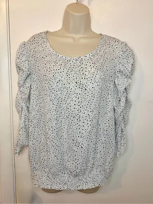 Adrianna Papell Polkadots Print Smocked 3/4 Sleeve Blouse White Black M thumbnail 2