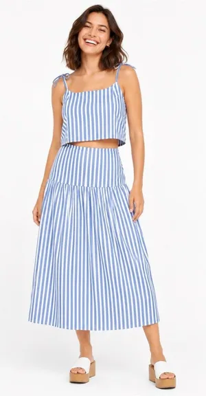 Old Navy Blue White Striped Two Piece Skirt Set XL NWT Cotton Poplin Summer thumbnail 1