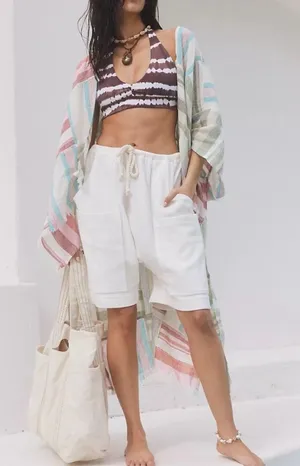Free People Patchwork Sail Away 100% Linen‎ Kimono One Size thumbnail 1