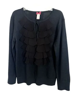 Downeast Black Ruffle Front Wool Blend Cardigan Sweater L Whimsigoth Preppy Y2K Layering thumbnail 1