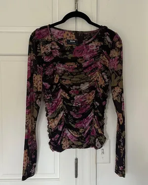 Maeve Long-Sleeve Sheer Ruched Black & Pink Floral Top in Small EUC thumbnail 2