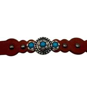 Western‎ Turquoise Studded Brown Faux Leather Scalloped Belt M/L Concho Silver thumbnail 4