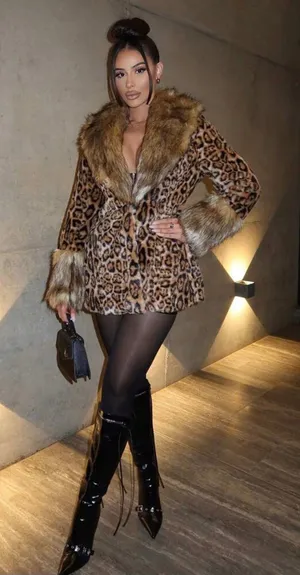 Leopard Faux Fur Trim Coat - Brown Animal Print Jacket thumbnail 1