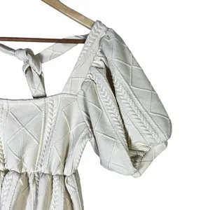 Listicle Cable Knit Diamond Puff Sleeve Babydoll Dress Cream Romantic Size S thumbnail 3