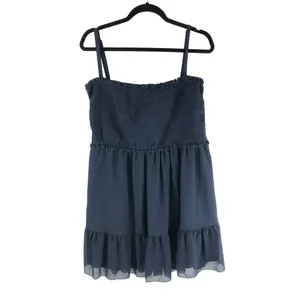 Quince Womens Chiffon Smocked Sleeveless Mini Dress Navy Blue XL thumbnail 3