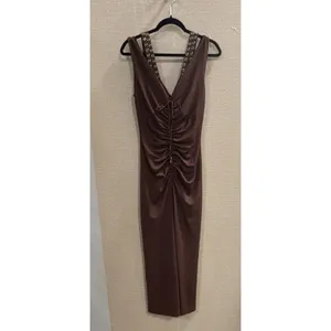 Maeve Sleeveless V-Neck Studded Ruched Brown Midi Sheath Dress Size S thumbnail 6