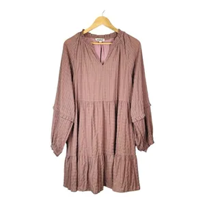 Listicle‎ Tiered Mini Dress Womens Large Dusty Rose Textured Grid Balloon Sleeve thumbnail 2