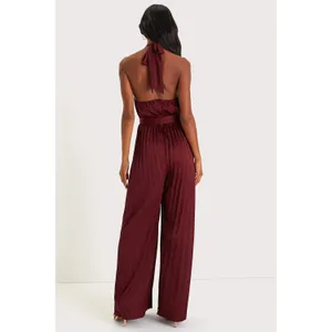 Lulus Confident Impression Burgundy Satin Pleated Halter Jumpsuit Small NWT thumbnail 3
