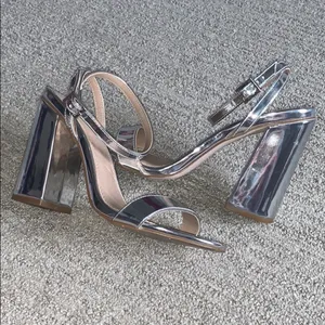 ASOS Hermione Silver Mirror Block Heel Sandals thumbnail 9