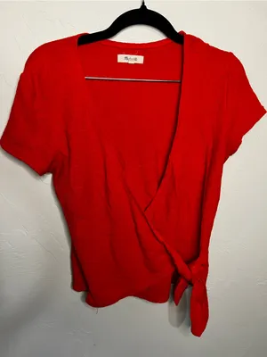 Madewell Poppy Red Textured Faux Wrap Tie V-Neck Short Sleeve Top thumbnail 2