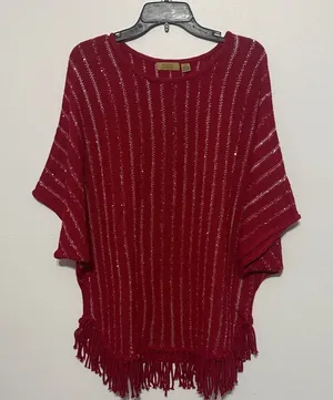 Valerie Stevens Red Knit Sparkle Fringed Shaw Sweater Top thumbnail 1