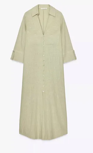 Zara Light Sage Green Button-Front Maxi Shirt Dress thumbnail 1