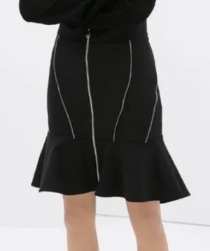 Zara Zip High Low Flounce Skirt Knee Length Contemporary Front Zip Closure Black thumbnail 1