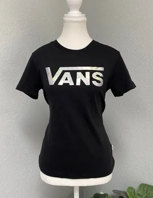 Vans Black Graphic Tee Short Sleeve Shirt Holographic Shiny Spell Out Logo thumbnail 1