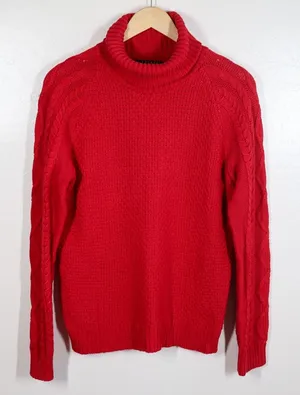 Lauren Ralph Lauren Red Cable Knit Turtleneck Sweater‎ Women's Size L Cotton thumbnail 1
