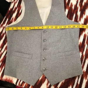 Vintage Grey White Striped Office Siren Corporate Fitted Jacket Vest Waistcoat button front Measurement in pics thumbnail 3