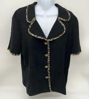 Courtenay Women’s Short Sleeve Casual Black Button Down Top w/Leopard Print Trim thumbnail 1