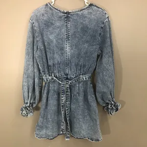 Redial Denim Dress Women Large Blue Good Acid Wash Long Puff Sleeve Mini Belted thumbnail 6