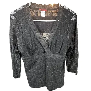 Banana Republic Black Lace Wrap Top Women Large Ribbon Waist Tie Victorian Whimsigoth Romantic thumbnail 2