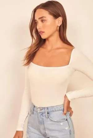 💕REFORMATION💕 Gaia Bodysuit ~ Square Neck Ribbed Long Sleeve White XL NWT thumbnail 2