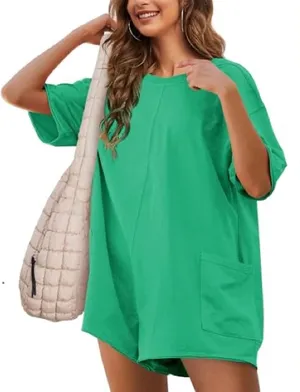 Teal V-Neck Short Sleeve Short T-Shirt Romper thumbnail 1