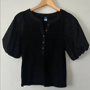 Old Navy Black Dual Texture Puff Sleeve Ribbed Henley Top thumbnail 1