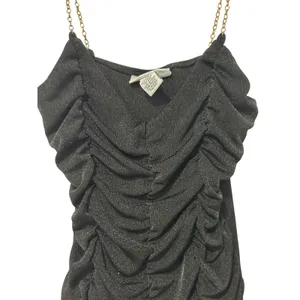 Just Polly New York Bodysuit Y2K Black Ruched Glam Gold Chain Strap Grunge SZ M thumbnail 3