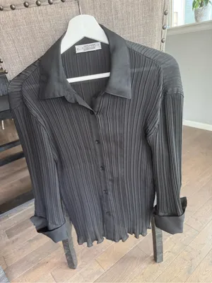 Women’s Black Pleated Button-Front Sheer Blouse with Button Sleeves thumbnail 1