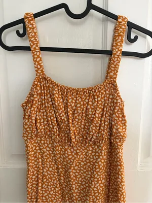 Abercrombie & Fitch Orange Patterned Ruched Top Midi Dress with Slit Small thumbnail 3
