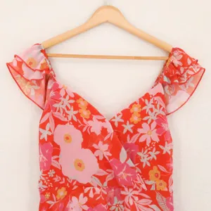 North End Floral Ruffle Tiered Chiffon Mini Dress Womens Size M Red Pink Boho Tropical Ga thumbnail 9