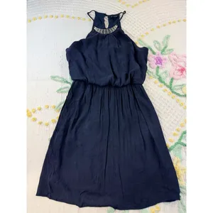 As‎ U Wish Navy Blue Halter Dress Silver Neck Detail Elastic Waist Size M thumbnail 3
