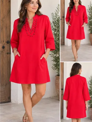 Caryn Lawn Red Embellished V-Neck Pocketed Mini Dress Size 2 (6-12) thumbnail 2