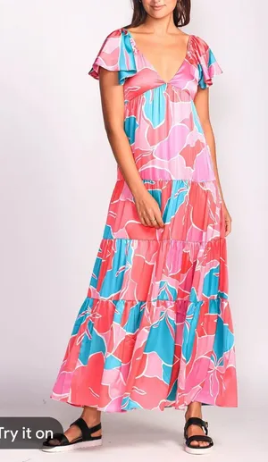 Pink Martini Coral, Pink & Teal Floral Tiered Maxi Dress medium‎ nwt thumbnail 1