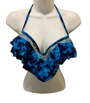 Victoria’s Secret Pink Blue Tie Dye Ruffle Bikini Top W/Embroidery Sz M Push Up thumbnail 1