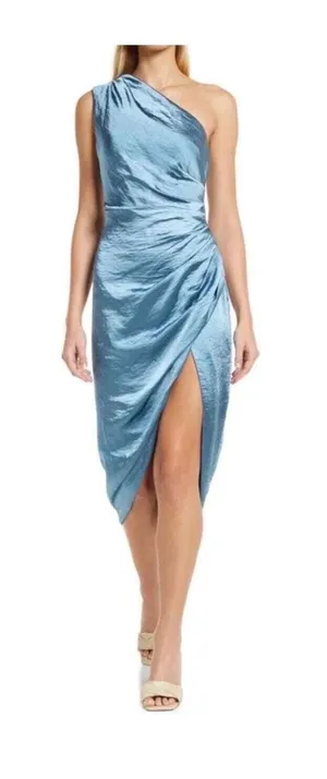 FLAW Elliatt Blue Cassini One Shoulder Ruched Sleeveless Midi Dress Large thumbnail 1