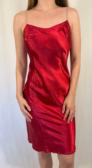 Red Satiny Rhinestone Strap Midi Dress thumbnail 1