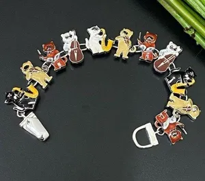 Adorable Silver-tone Enameled Musical Cat Playing Misic Instruments Bracelet 31g thumbnail 1