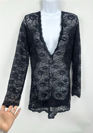 Vintage Y2K Black Lace V Neck Long Sleeve Shirt Size XL Whimsical Dark Romance thumbnail 1