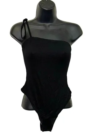 NWT PrettyLittleThing Black One-Shoulder Bodysuit Jersey‎ Knit Asymmetrical 4 thumbnail 1
