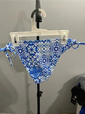 wild fable Blue and White Tile-Print Side-Tie Bikini Bottom thumbnail 3