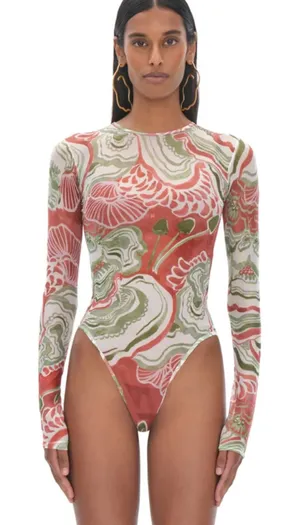 Andrea lyamah Elle Abstract Mushroom Bodysuit Semi-Sheer Mesh Leotard size S thumbnail 1